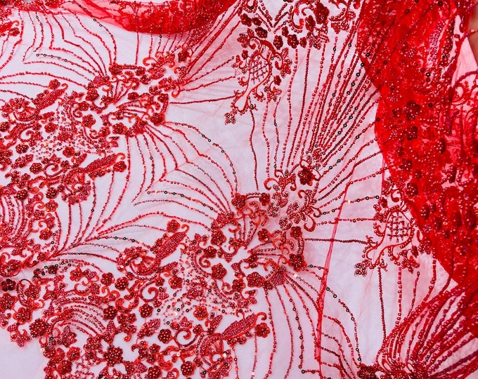 Red Beaded Fabric By The Yard, Luxury Geometric Design Beads and Sequins, Embroidered on a Mesh Lace,Wedding,Bridal
