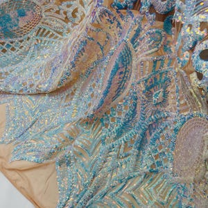 Iridescent Aqua Sequin Fabric, Royalty Design Embroidered With Sequin on a 4 Way Stretch Sequin Fabric Mesh-Prom-Gown By The Yard