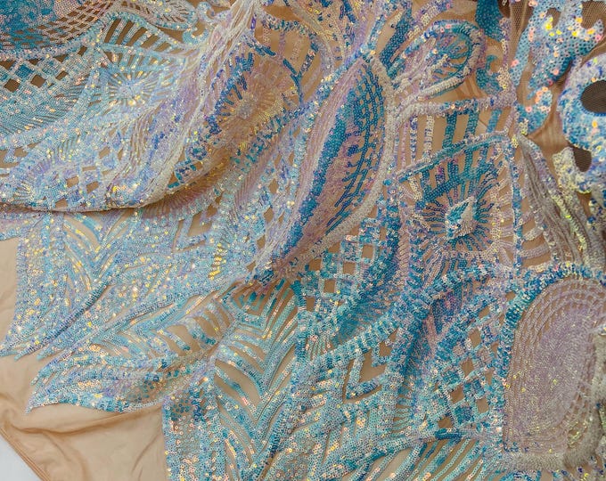 Iridescent Aqua Sequin Fabric, Royalty Design Embroidered With Sequin on a 4 Way Stretch Sequin Fabric Mesh-Prom-Gown By The Yard