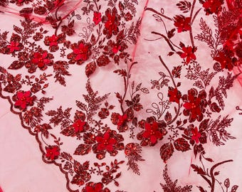 Dark Red 3D Flower Sequin Fabric, Glitter Floral Tulle Lace, Wedding Dress, Quinceañera