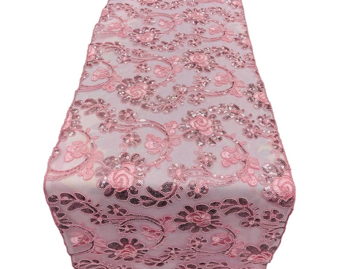 12" Wide x 90" Long Flower Sequins Design Table Runner - Shiny Sequins with Flower Pattern Table Runner for Event Décor (Pick A Color)