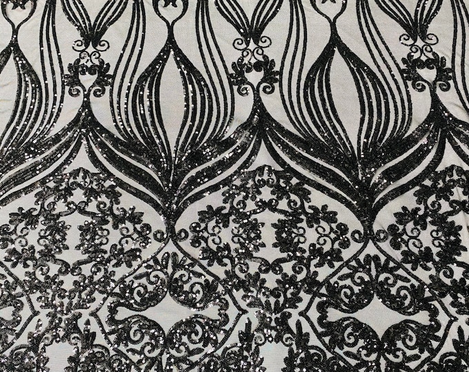 Black Sequin on Black Mesh - by the yard - Camila Design 4 Way Stretch Sequins Fabric, Lace sequins Prom-Gown (Choose The Size)