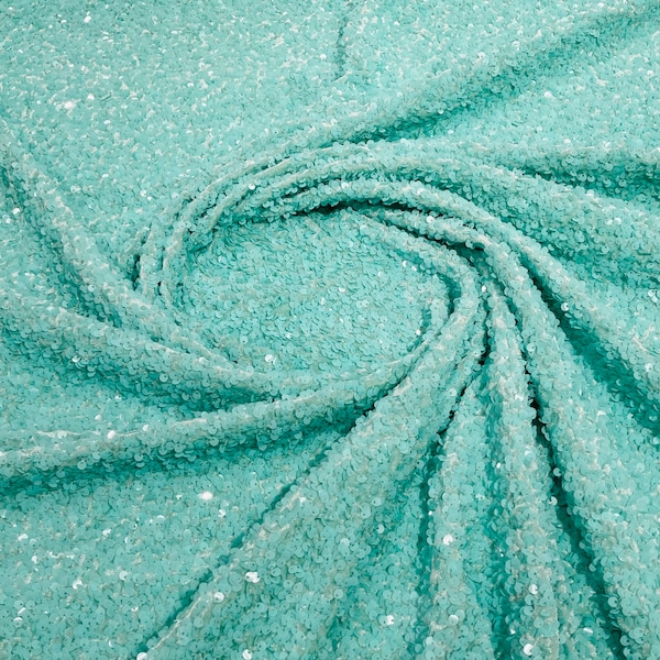 Mint Sequin Velvet Fabric | by the yard | Mint Stretch Velvet |  5mm Sequins on 2 Way Stretch | Velvet Sequins