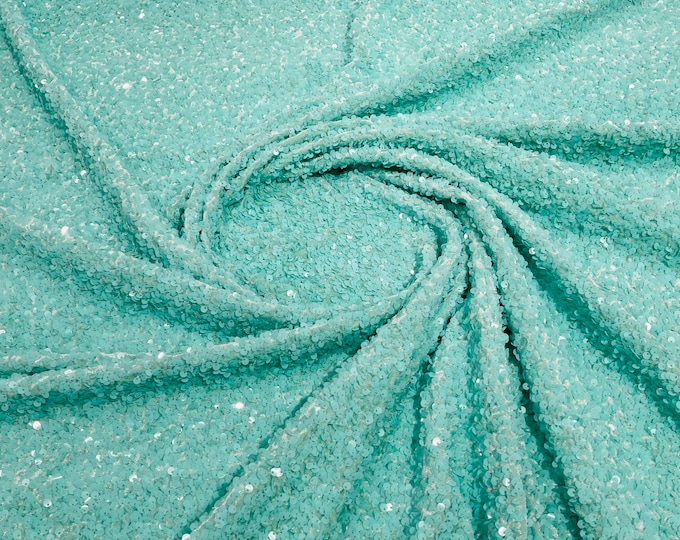 Mint Sequin Velvet Fabric | by the yard | Mint Stretch Velvet |  5mm Sequins on 2 Way Stretch | Velvet Sequins