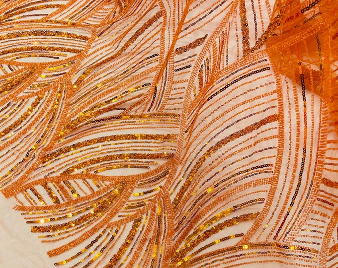 Rust Orange Beaded Lace Fabric: Embroidered Mesh, Bridal Wedding Dress - Fashion Beaded