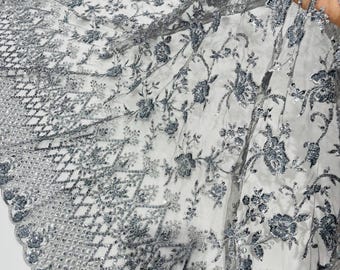 Dark Gray Beaded Sequined Lace Fabric: Embroidered Mesh, Bridal Wedding Dress
