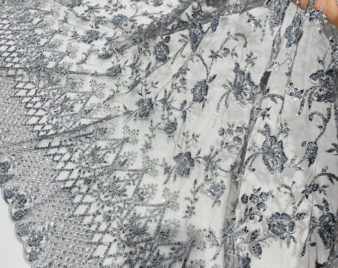 Dark Gray Beaded Sequined Lace Fabric: Embroidered Mesh, Bridal Wedding Dress