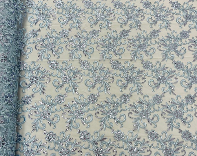 Blue Floral Lace Fabric, by the yard - Embroidery With Sequins on a Mesh Lace Fabric For Gown, Wedding-Bridal
