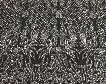 Silver Sequin Damask Fabric: Embroidered 4-Way Stretch Spandex - Prom Gown