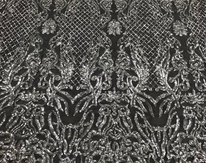 Silver Sequins -  Luxury Damask Design Embroidered Spandex 4way Stretch Sequin By Yard -Prom-Gown ( Choose The Size )