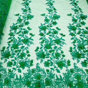 Emerald Green 3D Floral Design - by the yard - Embroider Flower With Pearls On a Mesh Lace-Prom-Dresses-Nightgown-Apparel
