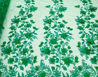 Emerald Green 3D Floral Design - by the yard - Embroider Flower With Pearls On a Mesh Lace-Prom-Dresses-Nightgown-Apparel