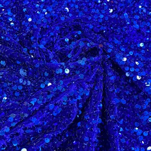 Royal Blue Sequin Fabric on Stretch Velvet - by the yard - all Over 5mm Sequins Velvet 2-way Stretch 58/60”
