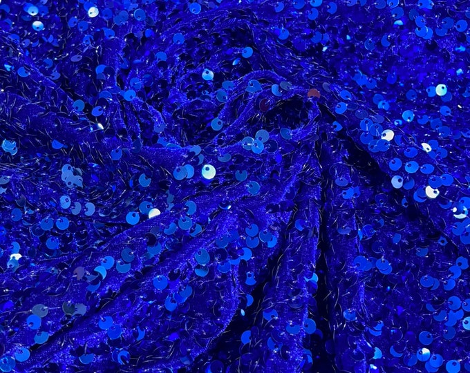 Royal Blue Sequin Fabric on Stretch Velvet - by the yard - all Over 5mm Sequins Velvet 2-way Stretch 58/60”