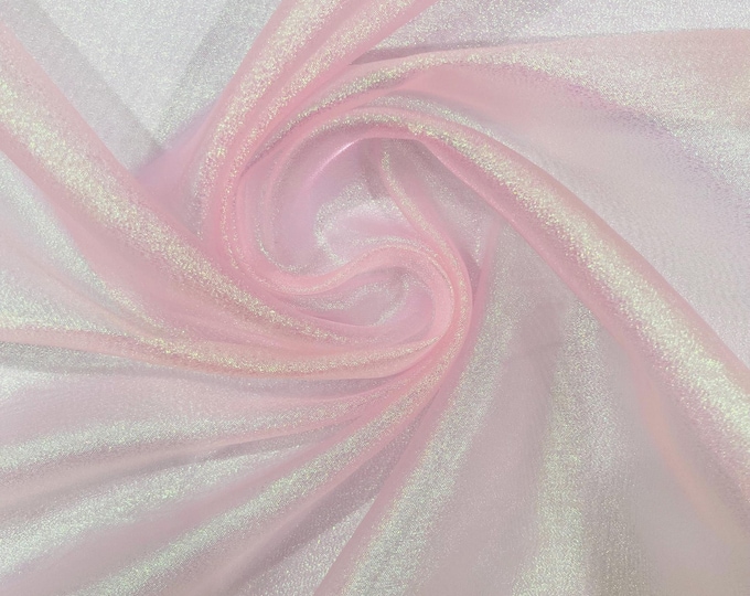 Light Pink Iridescent Sparkle Organza Fabric, Stiff Holographic Shiny Wedding Bridal Dress Veil Fabric, Party Decor
