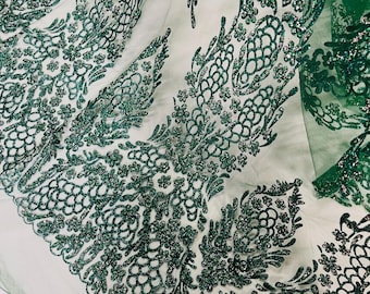 Hunter Green Silver Rhinestones Glitter Fabric on a Mesh By Yard, Geometric Damask Glitter Rhinestones on Mesh Fabric, Wedding Bridal/Prom