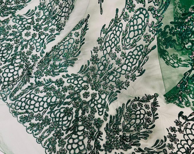 Hunter Green Silver Rhinestones Glitter Fabric on a Mesh By Yard, Geometric Damask Glitter Rhinestones on Mesh Fabric, Wedding Bridal/Prom