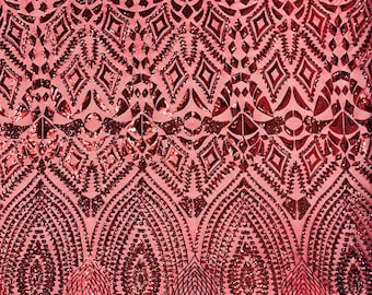 Burgundy Sequin Fabric – Geometric Embroidery on Mesh, 4-Way Stretch