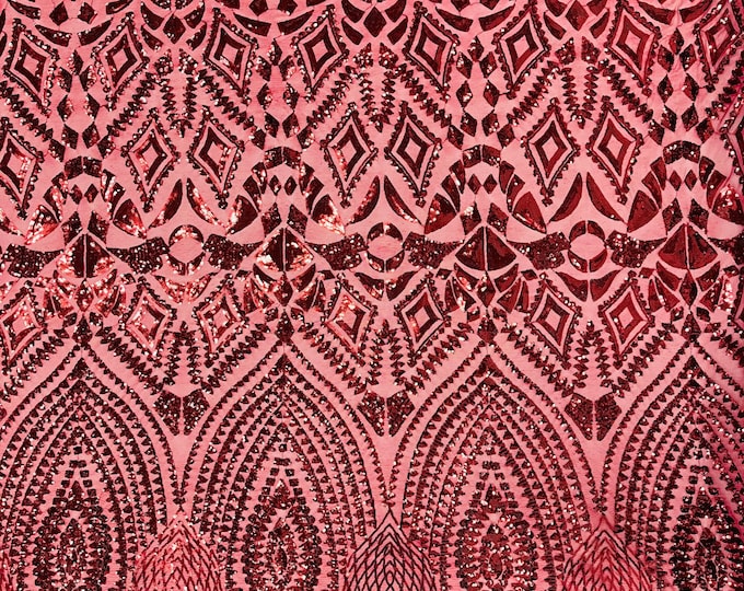 Burgundy Sequin Fabric on a Mesh 4 Way Stretch - Geometric Design Embroidery With Sequins (Pick a Size) by the yard