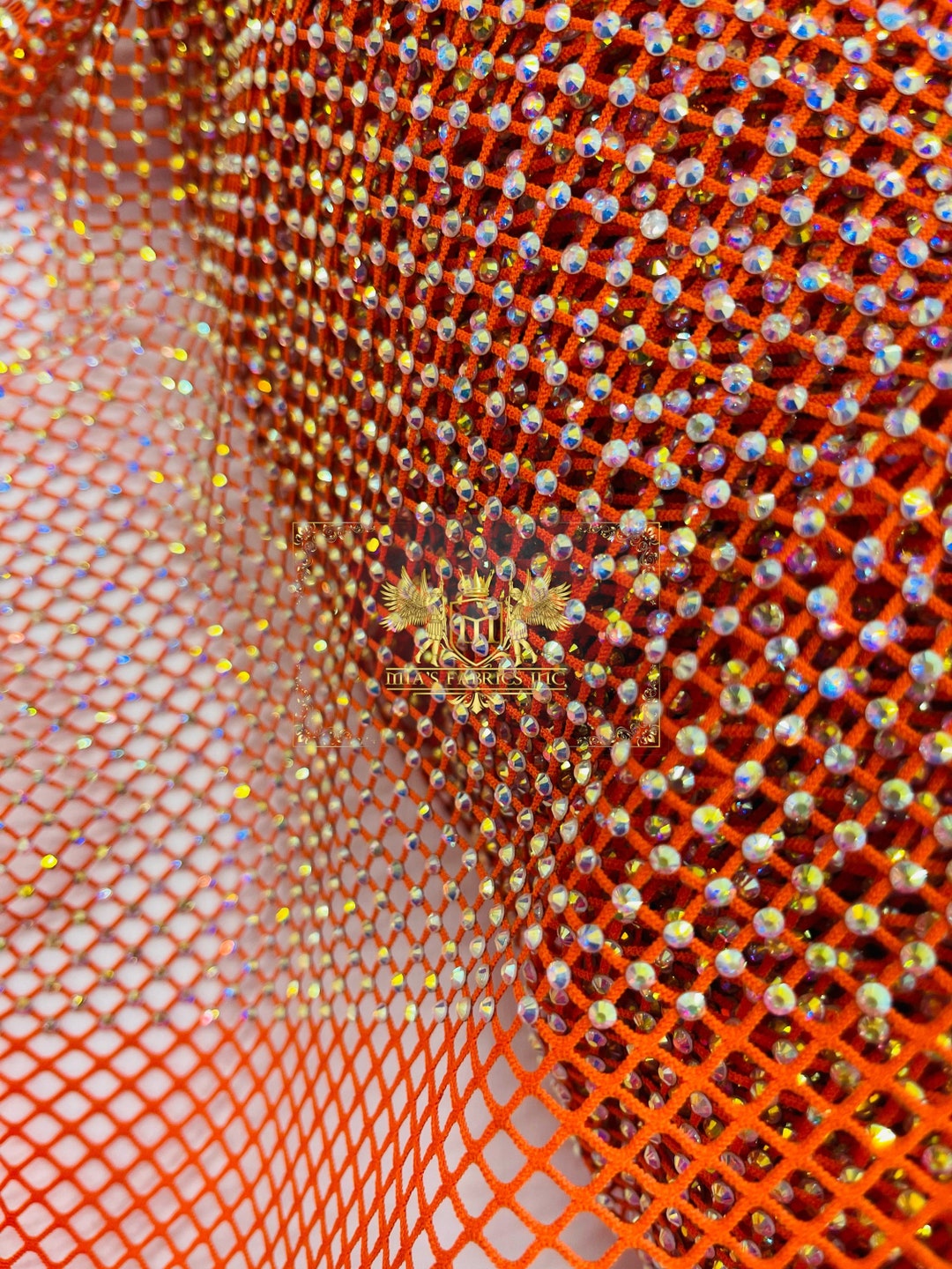 Fishnet Opacity Rhinestone Orange Rhinestone Fishnet Fabric: Iridescent Crystal Spandex - Etsy