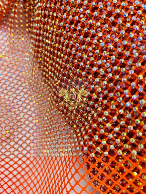 Iridescent Rhinestones Fabric by the Yard on Orange Stretch Net Fabric,  Spandex Fish Net With Crystal Stones -  Canada