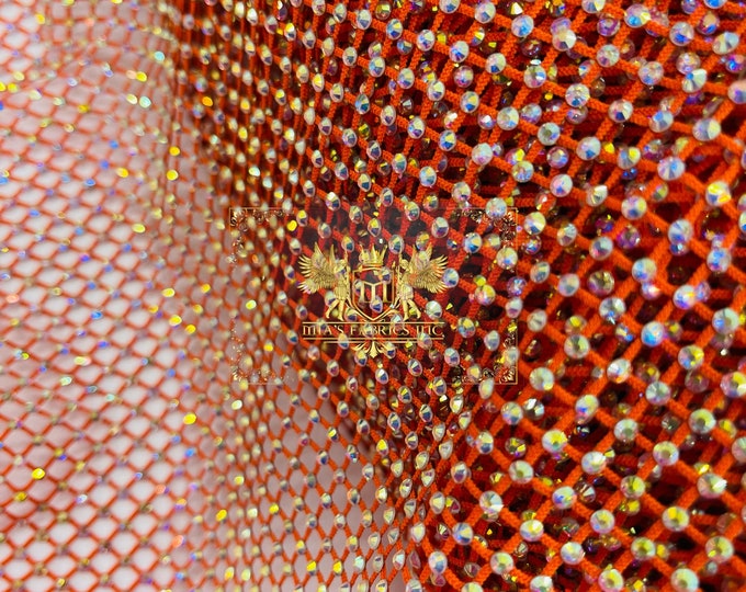 Iridescent Rhinestones Fabric by the yard On Orange Stretch Net Fabric, Spandex Fish Net with Crystal Stones