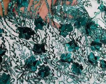 Hunter Green 3D Floral Sequin Fabric, Beaded Tulle Lace, Wedding Dress