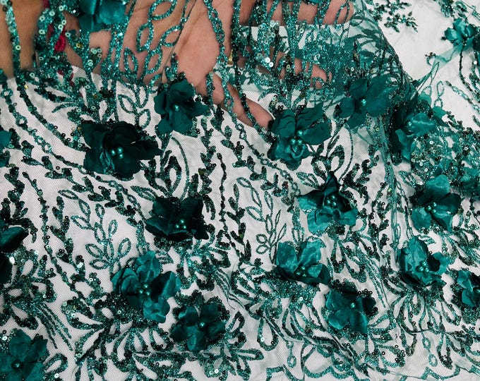 Hunter Green 3D Flower Glitter Sequin Fabric by the yard, 3D Floral Glitter Sequin On Mesh for wedding dress Quinceañera
