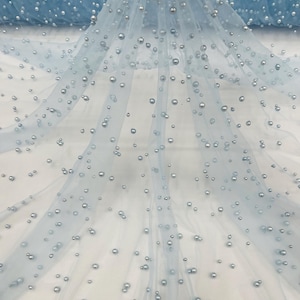 Baby Blue, Scattered Pearls Studded Mesh, by the yard - 2 Way Stretch, Pearls On Mesh, Scattered Pearls on Mesh, Bead Wedding Bridal Dress