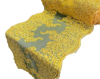 Metallic Yellow Floral Sequin Lace Fabric: 14" Wide Embroidery