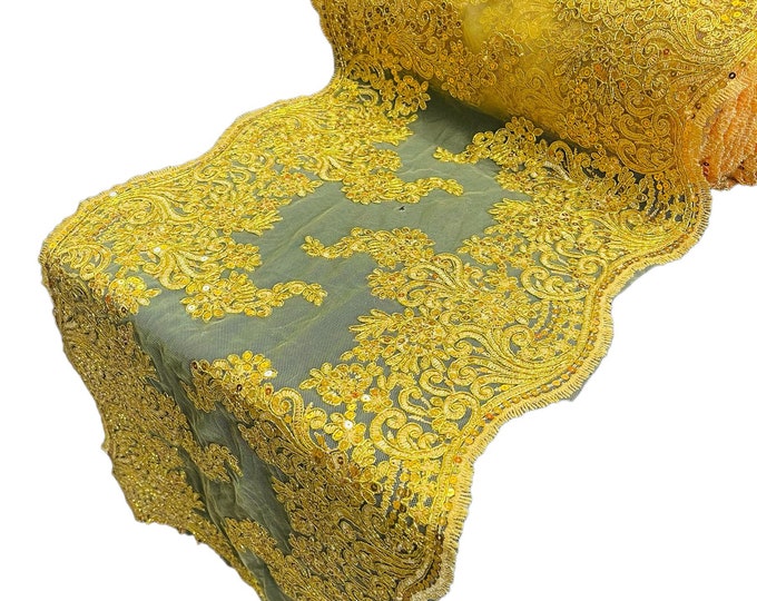 14”Wide Metallic Yellow Floral Lace Fabric For Runner, by the yard - Embroidery With Sequins on a Mesh Lace Fabric For Applications