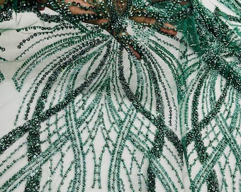 Hunter Green Embroidered Floral Beaded Sequin Mesh Fabric