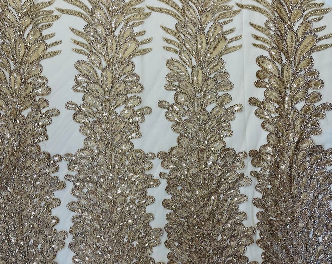 Champagne Beaded Peacock Feathers 3D Vegas Design with Embroidered Sequins and Beads On Mesh Lace Fabric for Prom Dress (Choose The Panels)
