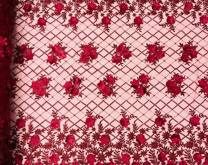 Mia Fabrics Inc, Burgundy 3D Floral-Flower With Pearl, 3D Floral-Flower Bridal Wedding Lace Fabric by the Yard (Pick a Size)