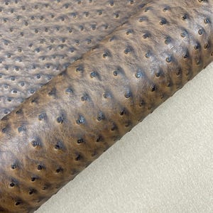 May include: Rolled brown leather with a distinctive ostrich leg pattern. The leather has a textured surface with small, dark, evenly spaced bumps. The material is a warm brown color, with darker accents in the dimples.