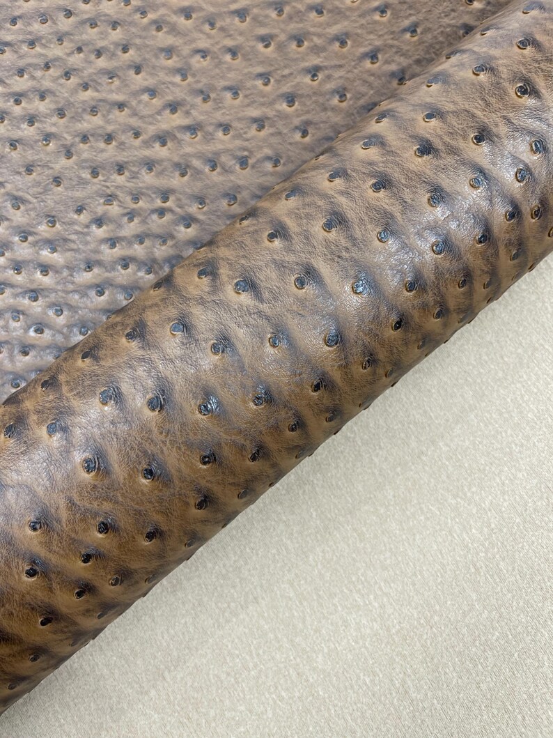 May include: Rolled brown leather with a distinctive ostrich leg pattern. The leather has a textured surface with small, dark, evenly spaced bumps. The material is a warm brown color, with darker accents in the dimples.