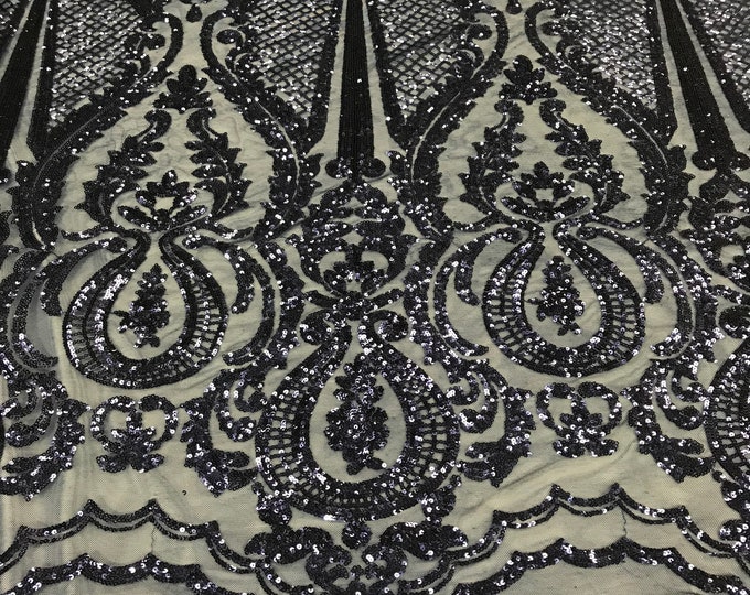 Sequins Navy Lace Fabric, DAMASK Design Embroidered on Mesh 4 way Stretch Sequin By The Yard -Prom-Gown ( Choose The Size )