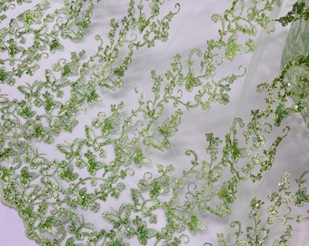 Sage Hologram Sequin Butterfly Lace Fabric: Metallic Corded Embroidery with Sequins