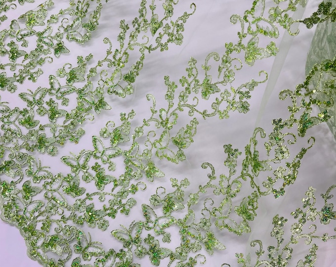 Sage Hologram Sequin Butterfly Lace Fabric: Metallic Corded Embroidery with Sequins