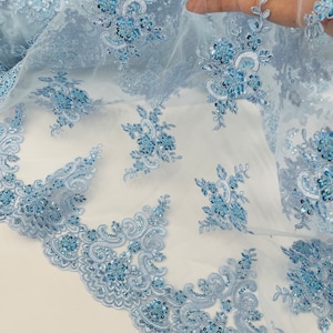 Baby Blue Beaded Lace Fabric: Embroidered Sequin Mesh, Bridal Wedding Dress