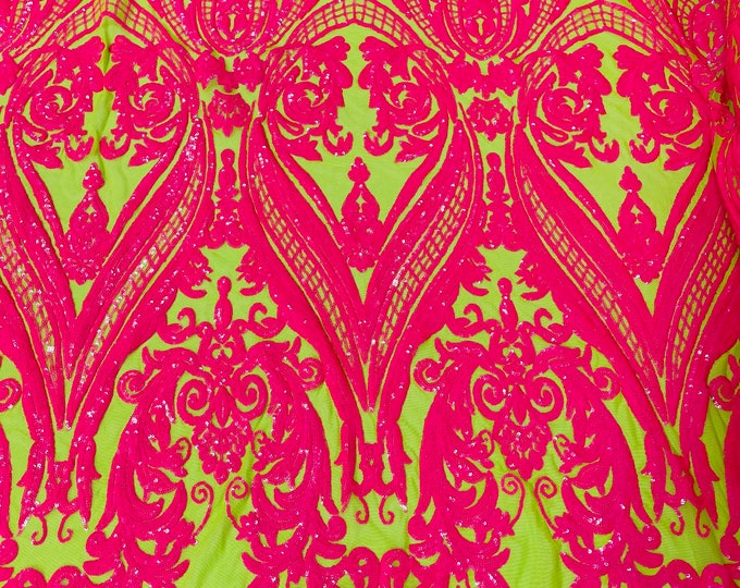 Hot Pink on Lime Mesh - 4 Way Stretch Fancy Big Damask Design Sequins on Spandex Mesh Prom Gala Gown Fabric By The Yard