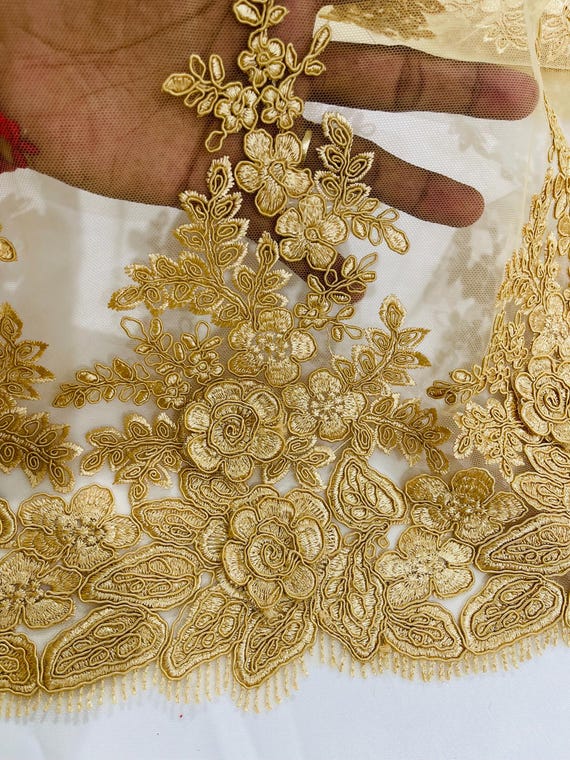 chinese dress ladies Luxury Gold Embroidered Floral Lace Fabric _ Bridal Fabric