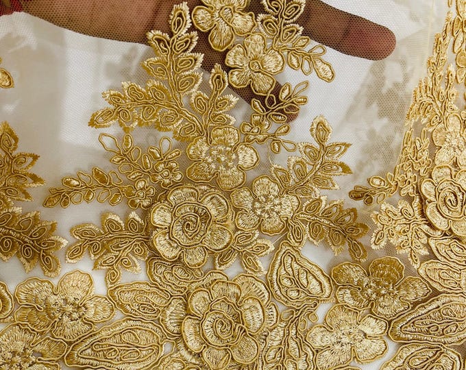 Gold 3D Flower Embroidery Lace Fabric By The Yard, Corded 3D Flower Embroidery Lace Fabric on a Mesh Lace Fabric For Wedding-Bridal-Dress