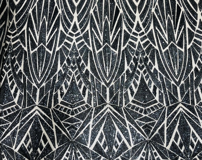 Black Sequin Fabric by the yard on Nude Mesh 4 Way Stretch - Geometric Design Embroidery With Sequins Iridescent (Pick a Size)