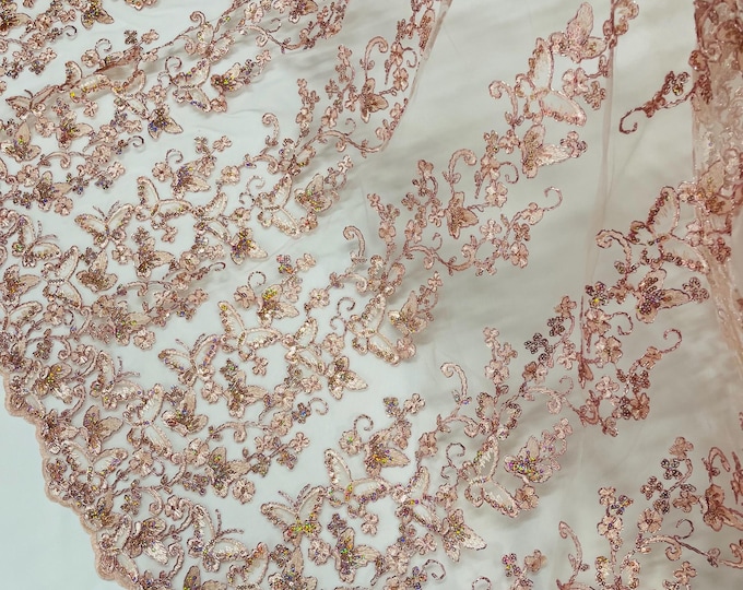 Rose Gold Hologram Sequin Butterfly Lace Fabric: Metallic Corded Embroidery with Sequins