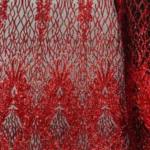 Red Sequin Damask Fabric: 4-Way Stretch Mesh, Prom Gown Material