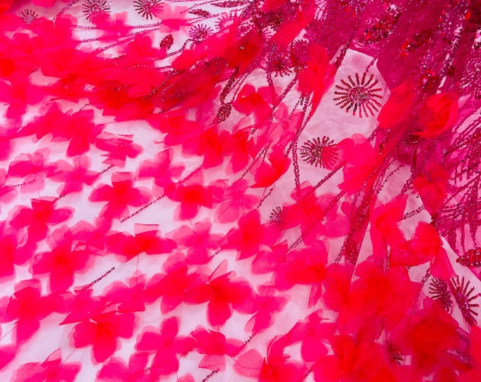 Hot Pink Beaded Fabric 3D Floral Butterfly Fabric By The Yard, Luxury 3D Butterfly Design Beads and Sequins Embroidered on a Mesh Lace