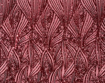 Burgundy Sequin Fabric: Embroidered Damask Design, 4-Way Stretch