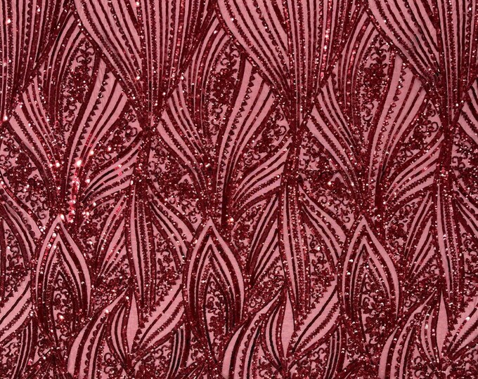 Burgundy Sequins Fabric 4 Way Stretch on a Mesh | Embroidered Damask Design With Sequin Lace Prom-Gown by the yard