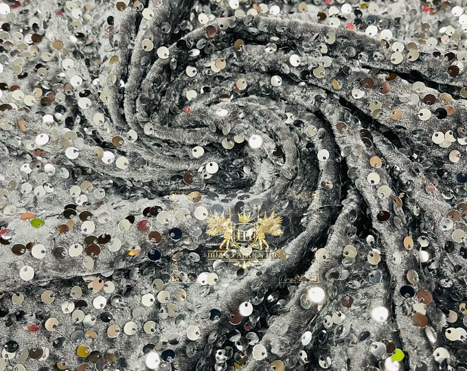 Silver Sequins Fabric on Silver Stretch Velvet - by the yard - all Over 5mm Sequin Velvet 2-way Stretch 58/60”